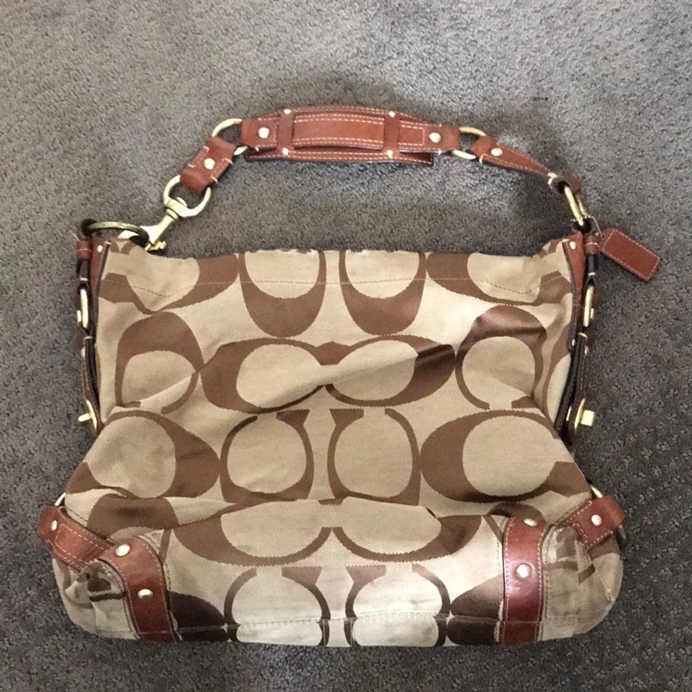 Coach bucket bag, brown and tan.